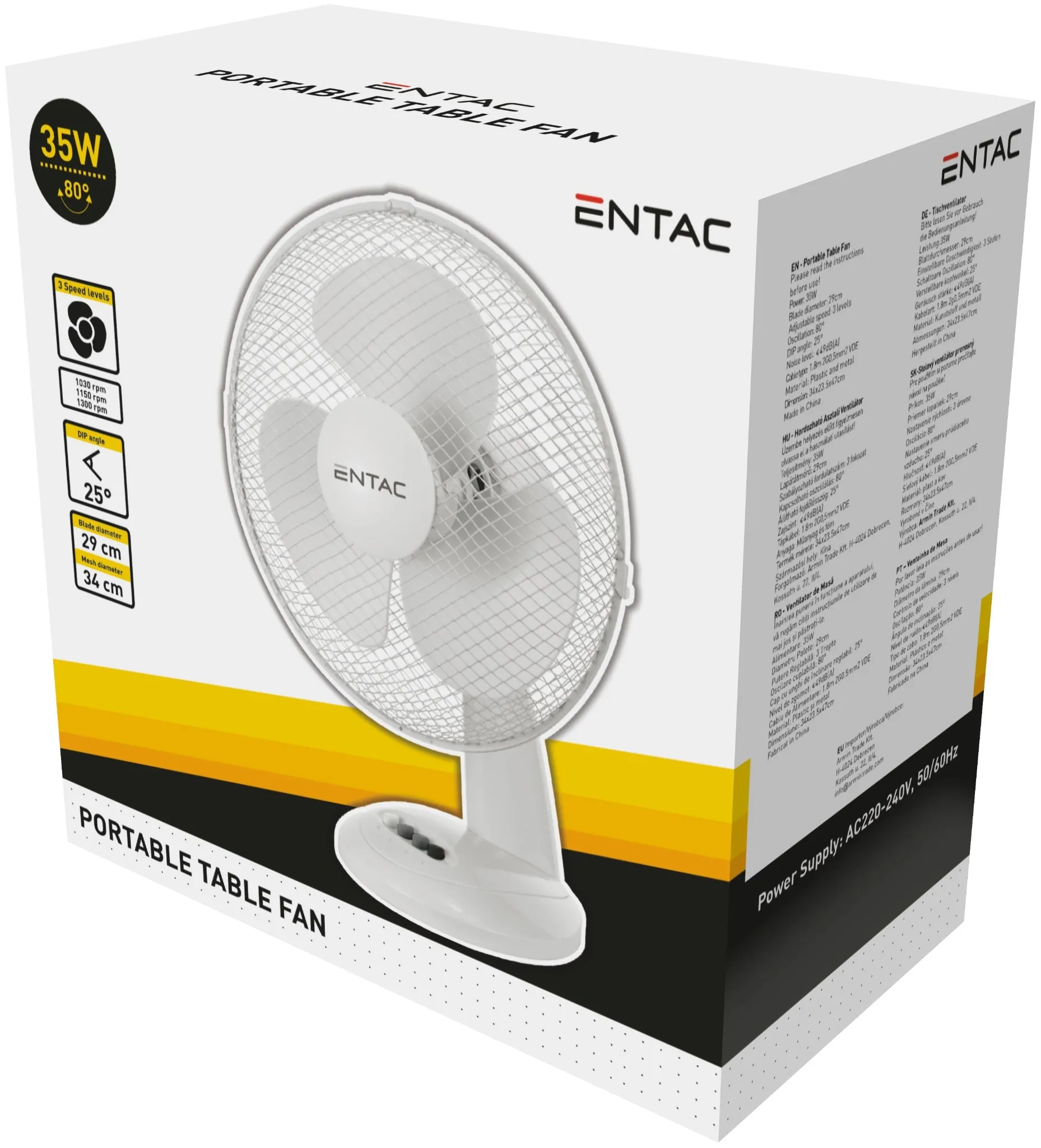 Entac Hordozható Asztali Ventilátor 35W | KÜLÖN CSOMAG |