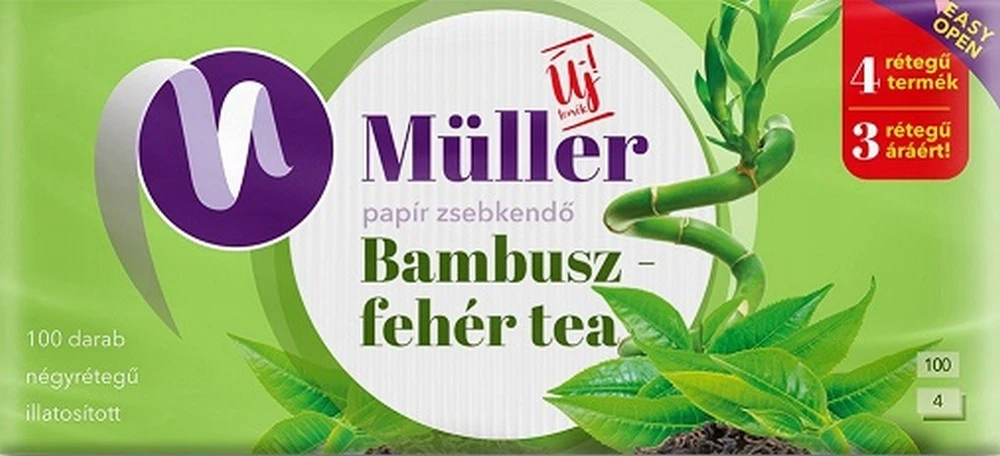 Müller papírzsebkendő 4 rétegű 100db-os Bambusz, Fehér Tea