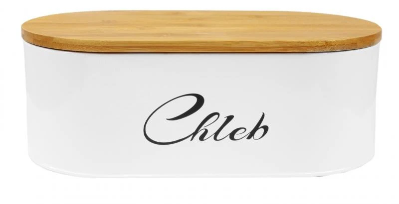 Fehér zománcozott kenyértároló doboz bambusz vágódeszka fedéllel