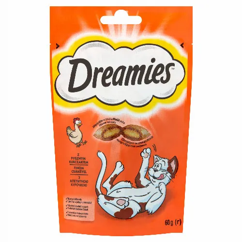 Dreamies kiegészítő macskaeledel csirkével felnőtt macskák & 8 hetesnél idősebb kölykök számára 60 g