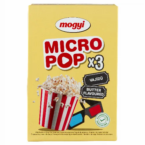 Mogyi Micro Pop mikrohullámú sütőben elkészíthető vajízű pattogatni való kukorica 3 x 100 g (300 g)