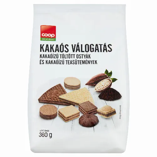 Coop kakaós válogatás kakaóízű töltött ostyák és kakaóízű teasütemények 360 g