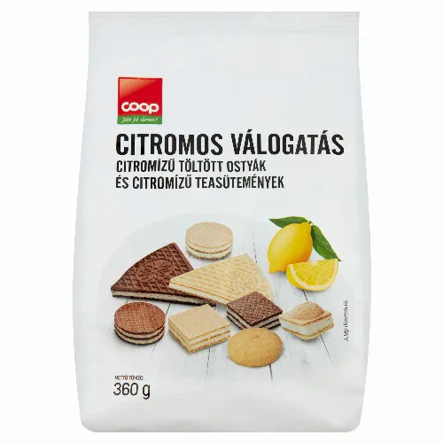 Coop citromos válogatás citromízű töltött ostyák és citromízű teasütemények 360 g