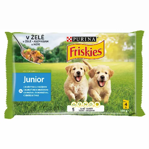 Friskies Junior teljes értékű eledel kölyökkutyáknak csirkével-borsóval aszpikban 4 x 100 g (400 g)