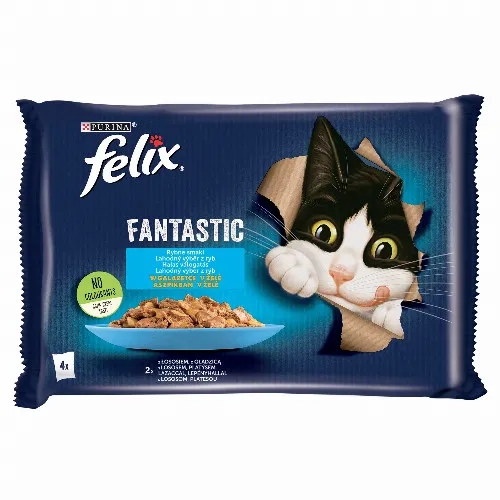 Felix Fantastic Lazaccal/Lepényhallal aszpikban nedves macskaeledel 4 x 85 g (340 g)