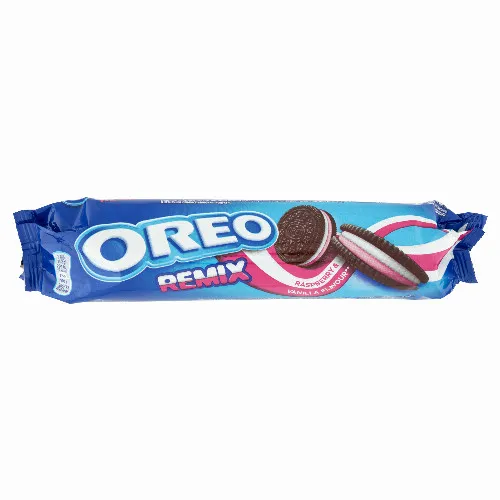 Oreo Remix vaníliaízű és málnaízű töltelékkel töltött kakaós keksz 157 g