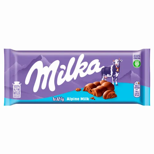 Milka Bubbly alpesi tejcsokoládé levegőbuborékos tejcsokoládé töltelékkel 90 g